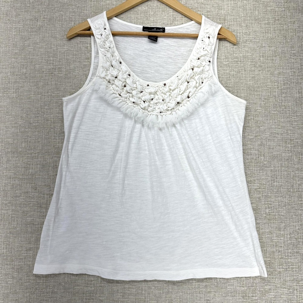 Willi Smith Tank Top Womens Large White Embellished Beaded Ruffle Scoop Neck